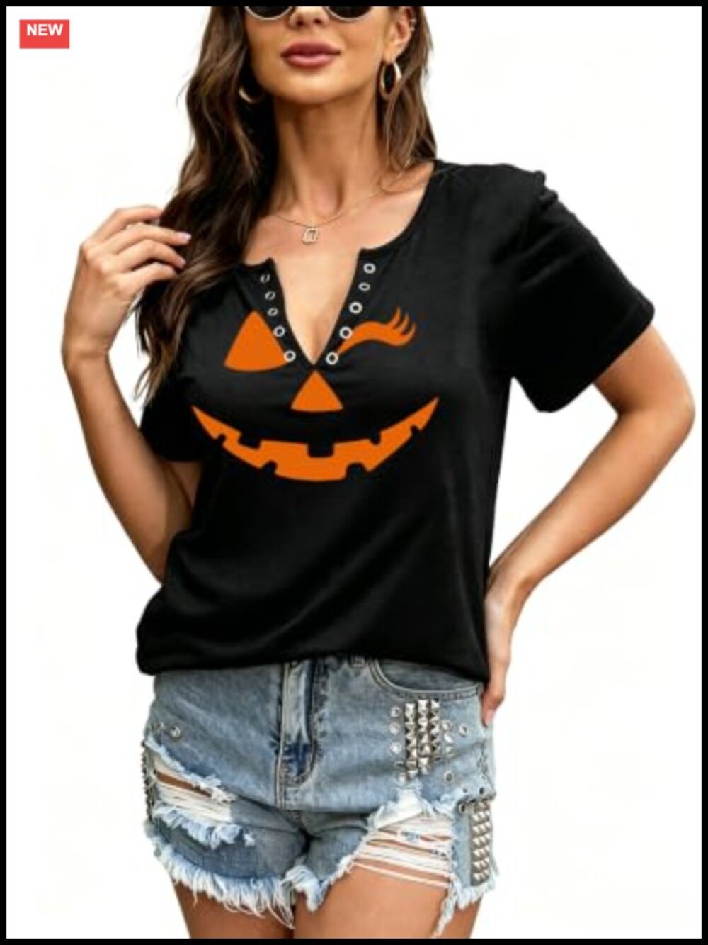Halloween Pumpkin Face V-Neck T-Shirt Women Funny Hocus Pocus Tee